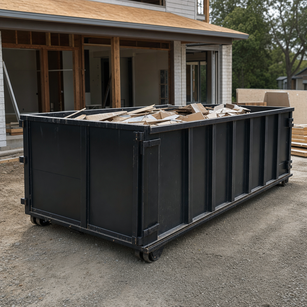 Large matte-black 30-yard construction roll-off dumpster at an active Grand Rapids jobsite, steel-gray top rails and bottom rollers visible, loaded with construction debris.